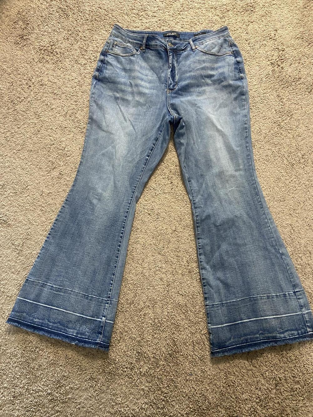 Judy Blue Jeans Womens 20W Blue High Rise Flare Distressed Fringe Hem Plus Size